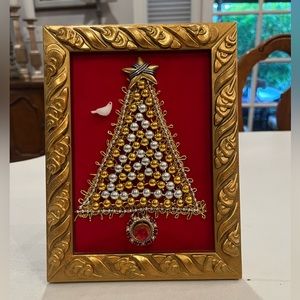 Vintage handmade bead and ribbon  Christmas tree art. Framed. 50s/ 60s style.